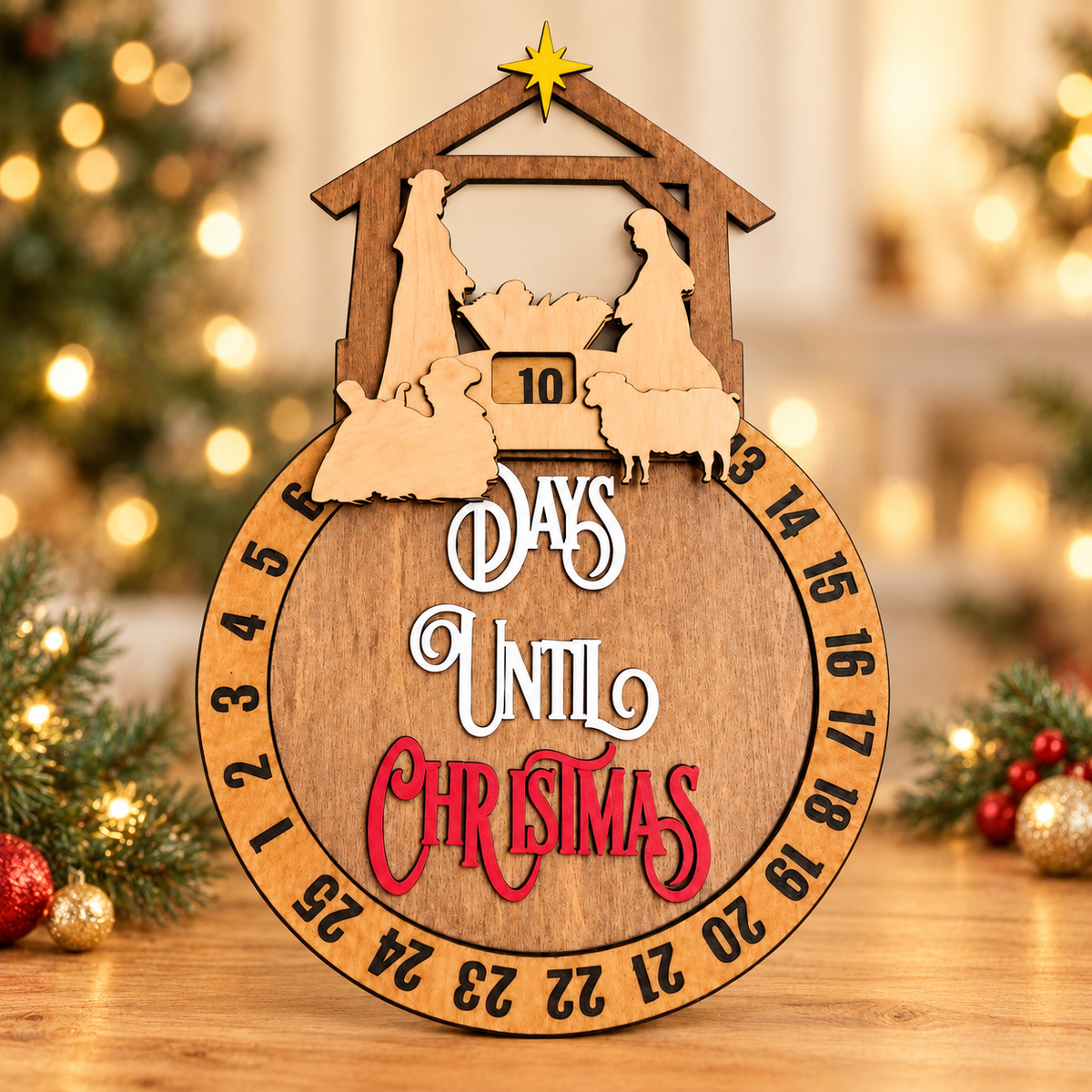 Wooden Round Nativity Advent Calendar – Christmas Countdown